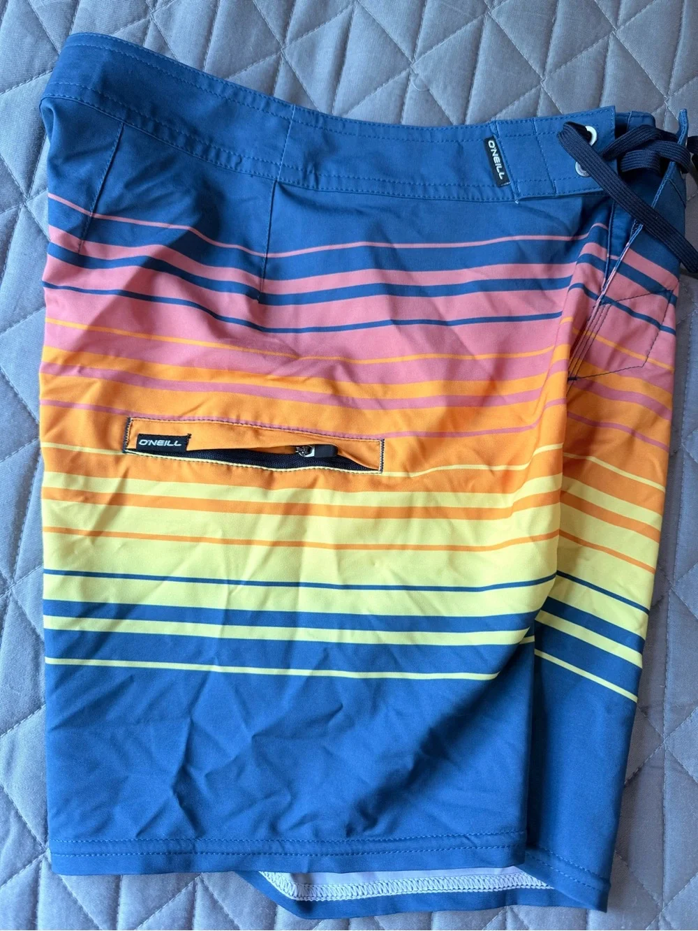 O'Neill Boys Blue Pink Orange Yellow Gradient Stripe Swim Trunks